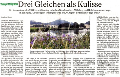 Thüringer Allgemeine, 2.8.2011 (Drei Gleichen als Kulisse - MDR drehte am Wohnturm
von Ingo Glase )