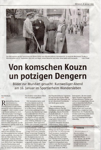 Presse: Von komschen Kouzn un potzigen Dengern (Allgemeiner Anzeiger Erfurt, 8.1.2020 (Text: Dirk Koch, Foto: privat))